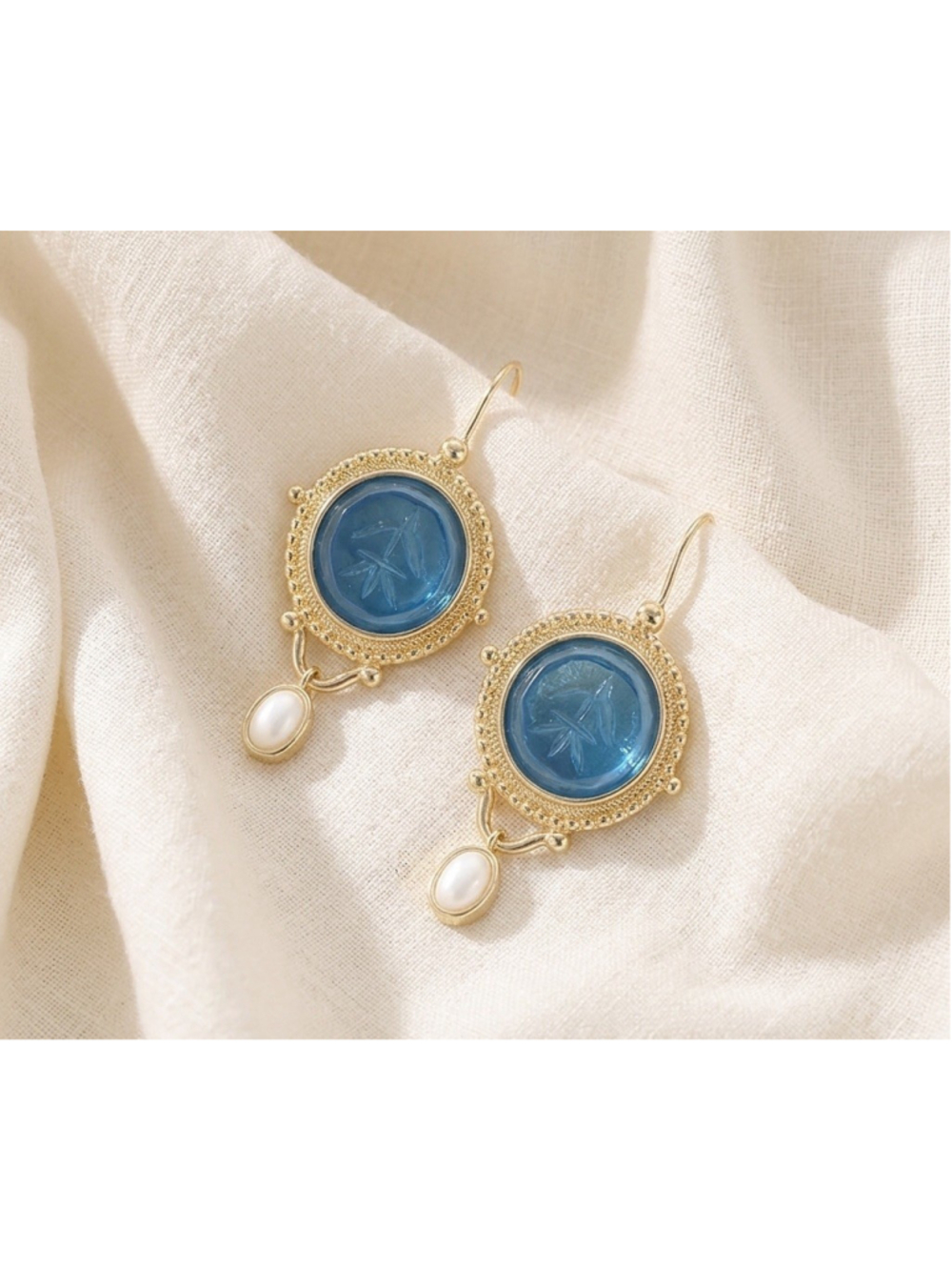 Museum Intaglio Earrings Blue Pearl Gold Cameo Flower Geometric Court Palace VTG